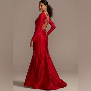 David’s Bridal Blondie Nites long sleeve sateen mermaid gown with lace up back.